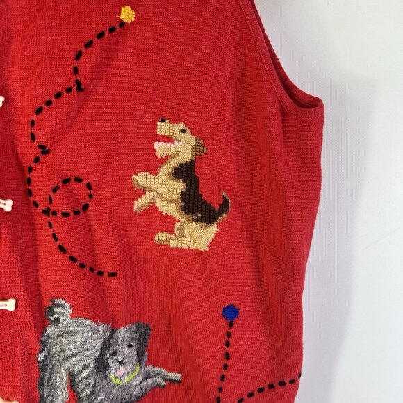 VTG 90s Whimsy Cardigan Sweater Vest Puppy Dog Bone Buttons Novelty - Picture 3 of 8